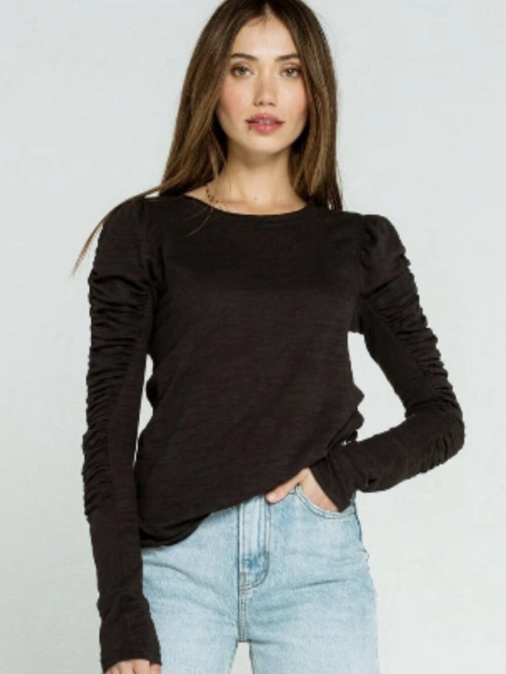 🖤 Free People We The Free Natasha Tee Black Ruched Sleeve Top XS Worn Once 🖤